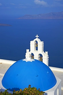 Church with blue dome overlooking the Aegean, Fira, Thira, Santorini, Cyclades, Greek Islands, Greece, Europe