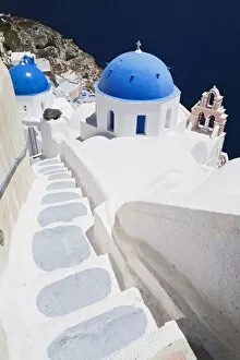 Images Dated 16th June 2008: Church with blue dome with view of the Aegean Sea, Oia, Santorini, Cyclades, Greek Islands
