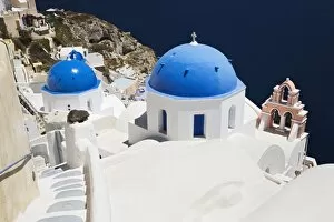Images Dated 16th June 2008: Church with blue dome with view of the Aegean Sea, Oia, Santorini, Cyclades, Greek Islands