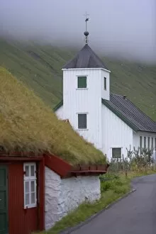 Church built in 1951 at Elduvik, Eysturoy, Faroe Islands (Faroes), Denmark, Europe