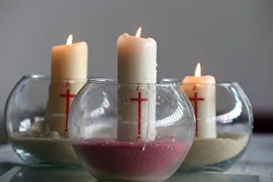 Bowl Prints: Three church candles in sand, Bussy-Saint-Georges, Seine-et-Marne, France, Europe