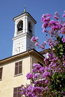 Cadenabbia Prints: Church clocktower and flowers, Cadenabbia, Lake Como, Lombardy, Italy, Europe
