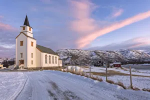 Winter Scene Prints: Church of Hillesoy, Brensholmen, Troms county, Norway, Scandinavia, Europe