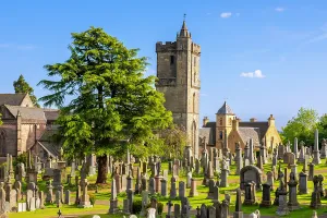 Cemetery Prints: Church of the Holy Rude stands among gravestones in Valley Cemetery