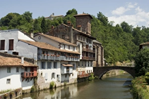 Pyrenees Atlantique Prints: Church of Our Lady beside old bridge, St. Jean Pied de Port, Basque country