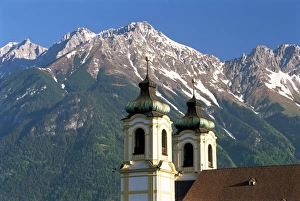 Innsbruck Prints: Church with mountain backdrop, Innsbruck, Tirol (Tyrol), Austria, Europe