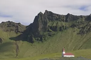 Images Dated 6th June 2009: Church at bottom of mountain, Vik, Iceland, Polar Regions