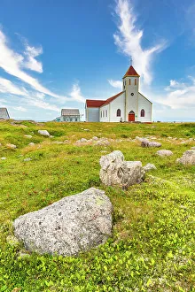 Fishing Cabin Prints: Church and old fishing houses, Ile aux Marins