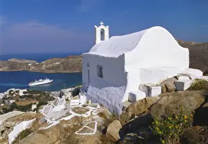 Greek Orthodoxy Prints: Church by Ormos Harbour, Ios Island, Cyclades, Greece