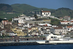 Sao Miguel Prints: Church overlooking the town of Ponta Delgada, Sao Miguel, Azores, Portugal