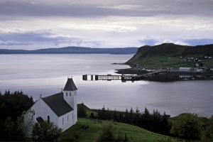 Inner Hebrides Prints: Church overlooking Uig Bay and port