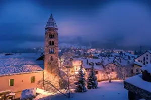 Silver Prints: Church of Saint Pantalon and snow covered town centre and mountainous background in winter at dusk