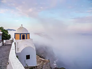 Fira Prints: Church of Saint Stylianos at foggy sunrise