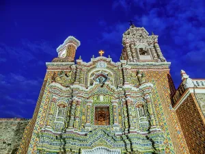 Puebla Prints: Church of San Francisco Acatepec at dusk, Cholula, Puebla State, Mexico