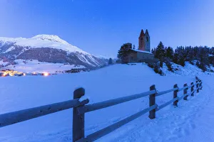 Engadine Prints: Church of San Gian with the snowy peaks in background, Celerina, St
