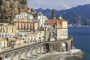 Atrani Prints: Church of Santa Maria Maddalena, beach and coast road, Atrani, Amalfi Coast, UNESCO