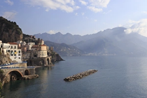 Atrani Prints: Church of Santa Maria Maddalena, town and cliffs, distant coast, elevated hazy view