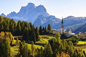 Belluno Prints: The church of Selva di Cadore and Mount Pelmo, Dolomites, Unesco World Heritage site