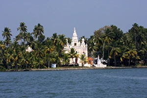 Kerala Prints: Church on the shores of Ashtamudi Lake, Kollam, Kerala, India, Asia