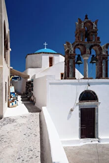 Typically Greek Gallery: Church and souvenir shop at Santorini, Cyclades, Greek Islands, Greece, Europe