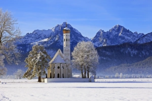 Schwangau Prints: Church of St. Coloman and Tannheimer Alps near Schwangau, Allgau, Bavaria, Germany
