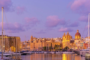 Birgu Prints: Church of St. Lawrence and Malta Maritime Museum at dusk, Grand Harbour, Birgu, Malta