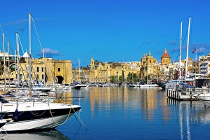 Sailboats Prints: Church of St. Lawrence and Maritime Museum in Grand Harbour, Birgu, Malta