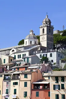 Porto Venere Prints: The Church of St. Lawrence sits above colourful buildings at Porto Venere