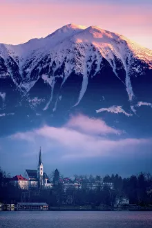 Slovenia Prints: The Church of St. Martin at sunrise, Lake Bled, Slovenia, Europe