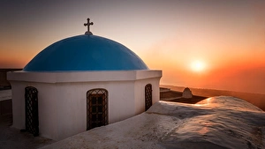 Red Sky Prints: Church at sunrise, Pyrgos Village, Santorini, Cyclades, Greek Islands, Greece, Europe