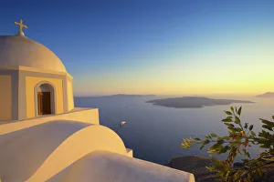 Cyclades Prints: Church and sunset, Thira, Santorini, Cyclades, Greek Islands, Greece, Europe