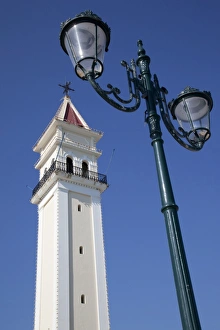 Lamp Prints: Church tower and lamp, Zakynthos Town, Zakynthos, Ionian Islands, Greek Islands