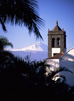 Canary Island Prints: Church tower with Mount Teide behind