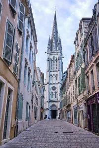 Quaint Prints: Church tower rises above narrow street in Pau