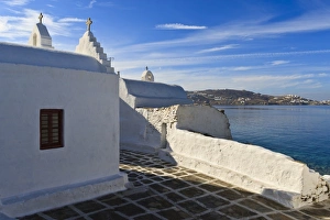 Chora Prints: Church and view, Mykonos Town (Chora), Mykonos, Cyclades, Greek Islands, Greece, Europe