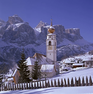 The church and village of Colfosco in Badia and Sella