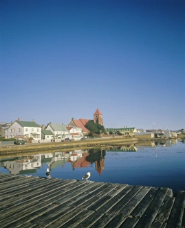 Islas Malvinas Prints: Church and waterfront at Stanley, Falkland Islands, South Atlantic
