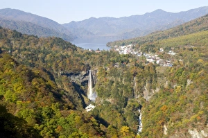 Nikko Prints: Chuzenji Lake and Kegon Falls, 97m high, Nikko, Honshu, Japan