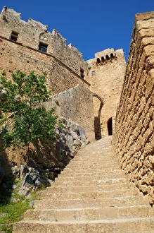 Stairs Prints: Citadel and acropolis of Lindos, Rhodes, Dodecanese, Greek Islands, Greece, Europe