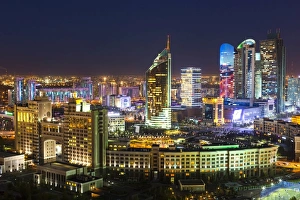 Astana Prints: The city center and central business district at night, Astana, Kazakhstan, Central Asia
