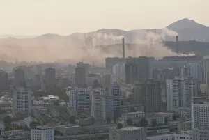 City centre blocks of flats and unclean power station, Pyongyang, North Korea, Asia