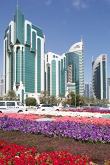 City Centre buildings and Corniche traffic, Doha, Qatar, Middle East