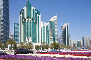 Qatar Prints: City Centre buildings and Corniche traffic, Doha, Qatar, Middle East