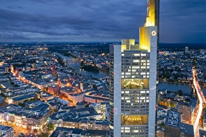 Office Block Prints: City centre from above at dusk, Frankfurt, Hessen, Germany, Europe