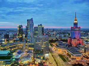 Warsaw Prints: City Centre Skyline and Palace of Culture and Science at dusk