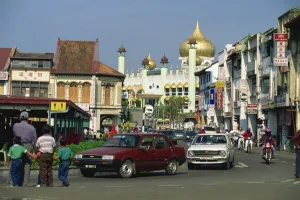 Sarawak Prints: City centre with State Mosque in background, Kuching, Sarawak, Malaysia