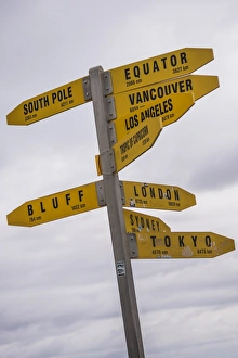 Northland Prints: City distances sign at Cape Reinga Lighthouse, Northland, North Island, New Zealand