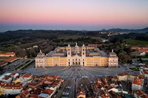 Drone Shot Prints: City drone aerial view at sunset with iconic Palace, Mafra, Portugal, Europe