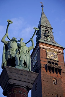 Musical Instrument Prints: City Hall clocktower and statue, Copenhagen, Denmark, Scandinavia, Europe