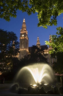 Rathaus Prints: City hall at dusk with fountain in foreground, Vienna, Austria, Europe